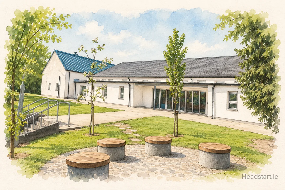 Watercolour illustration of the St Josephs National School building, Hacketstown