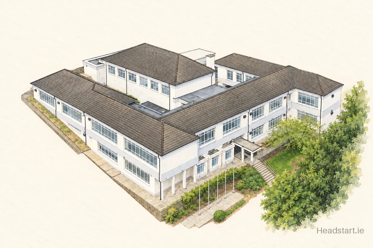 Watercolour illustration of the St Marys Boys National School building, Monaghan