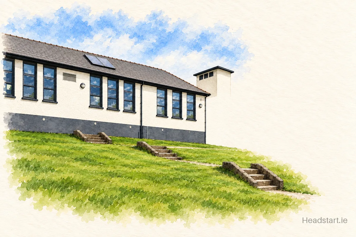 Watercolour illustration of the Scoil Náisiúnta An Garrain Bhain building, Dungarvan