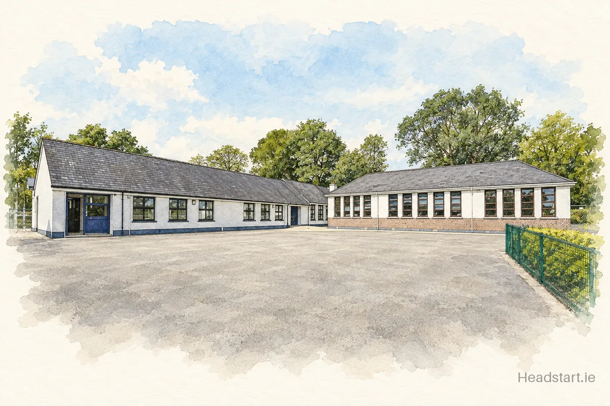 Watercolour illustration of the Scoil Náisiúnta Inis Eoghanain building, Cork (centre and southside)