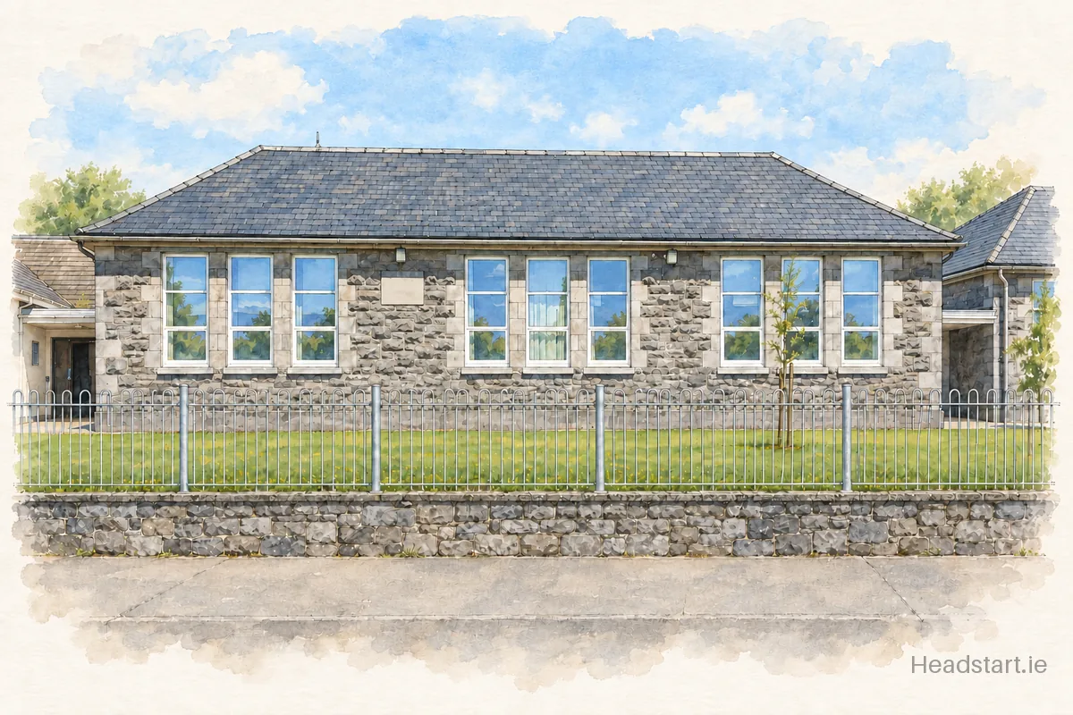 Watercolour illustration of the Scoil Náisiúnta Muire gan Smal building, Ballinasloe