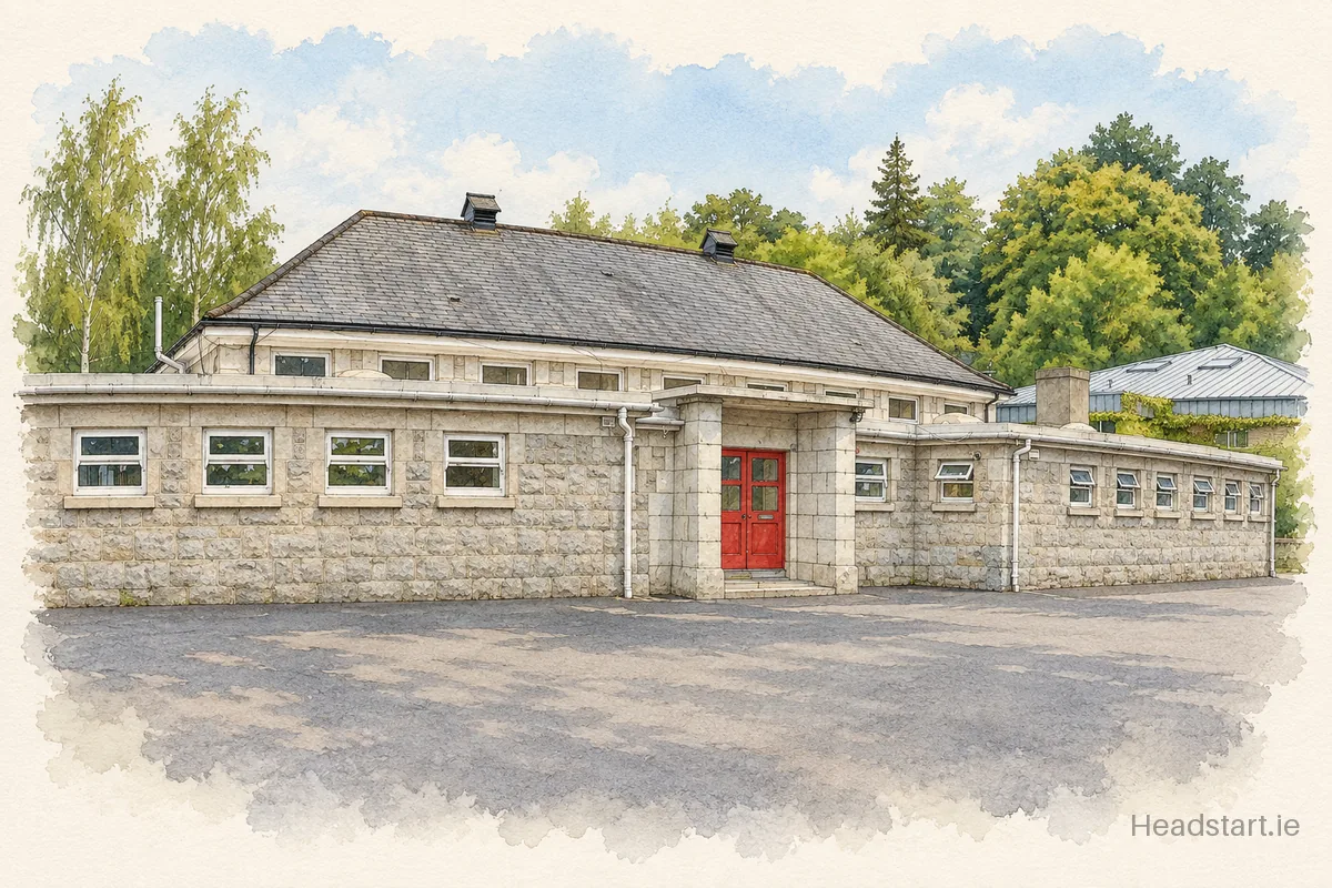 Watercolour illustration of the St Mary's & St Gerard's National School building, Enniskerry