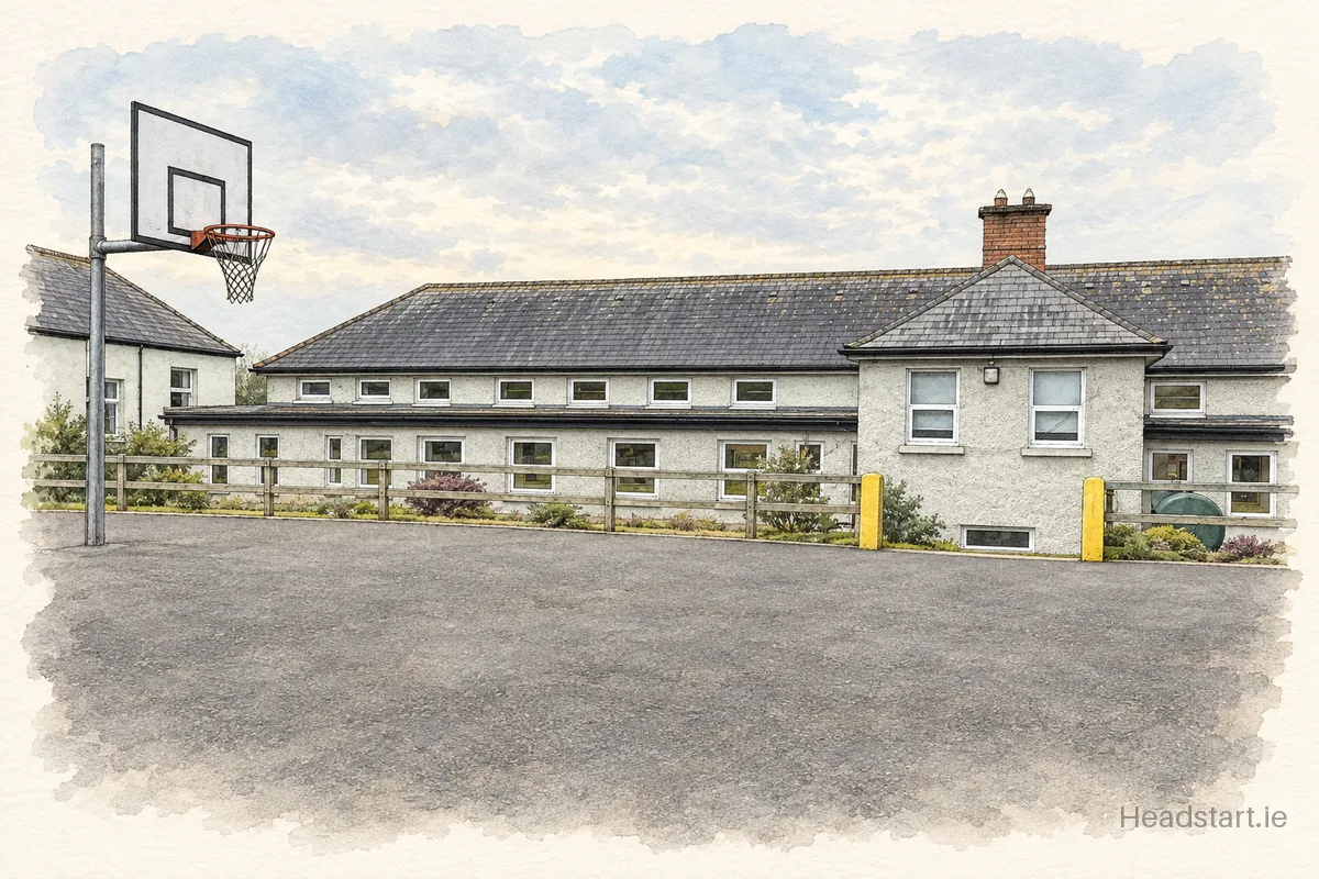 Watercolour illustration of the Scoil Náisiúnta Muire gan Smal building, Kilkenny