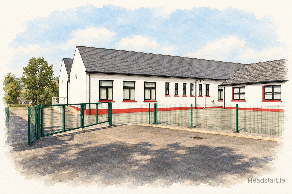 Watercolour illustration of the Ovens National School building, Ovens