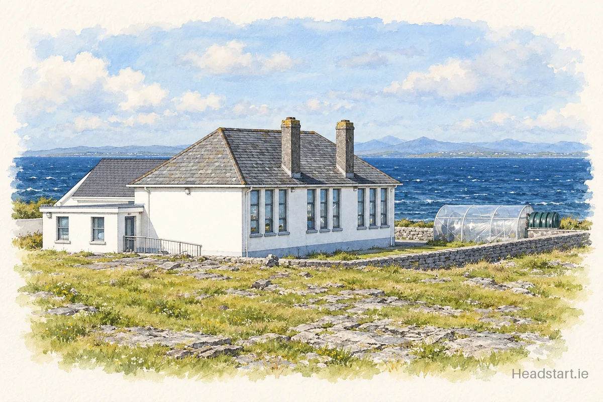 Watercolour illustration of the Scoil Náisiúnta Caomhain building, Galway