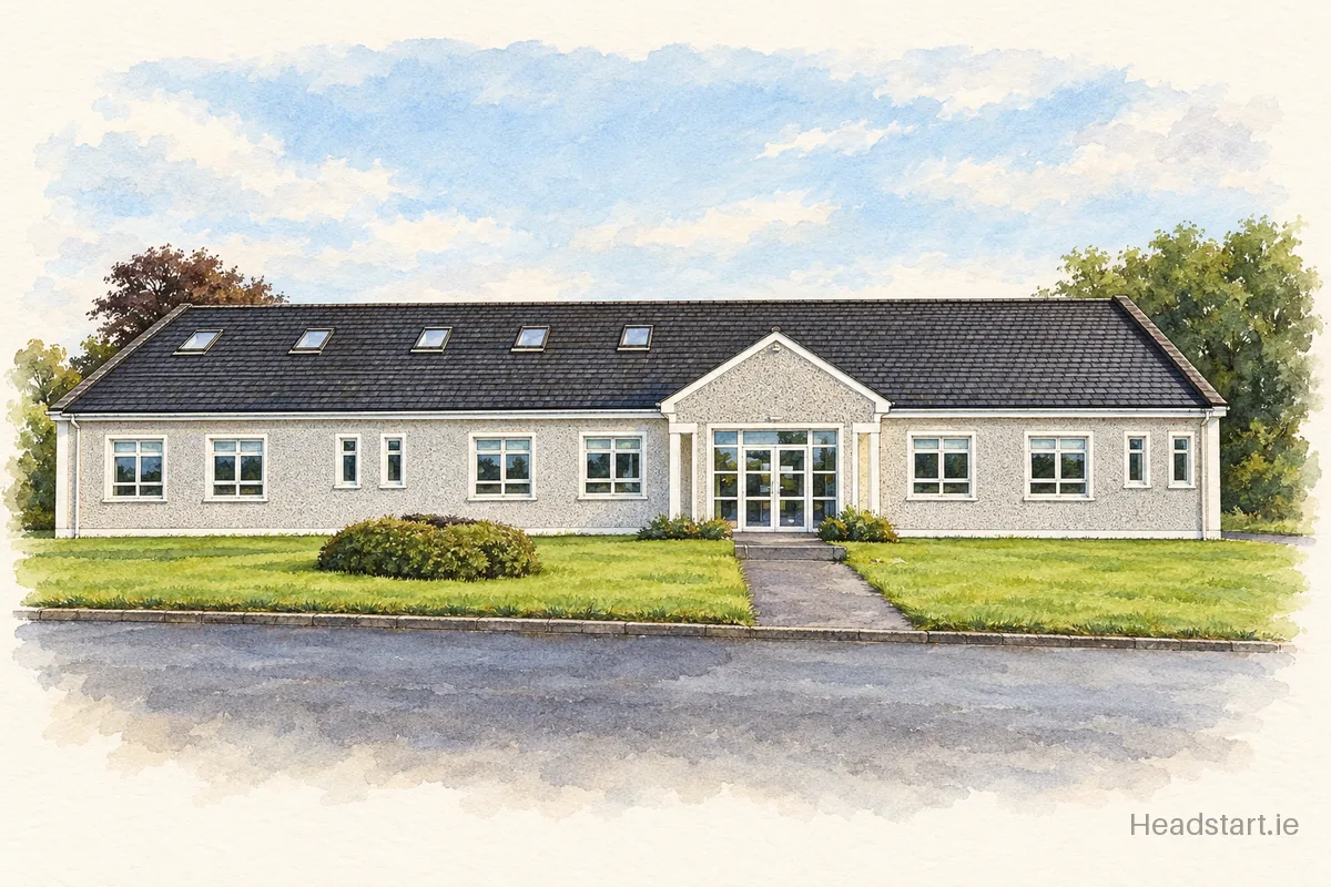 Watercolour illustration of the Dysart National School building, Mullingar