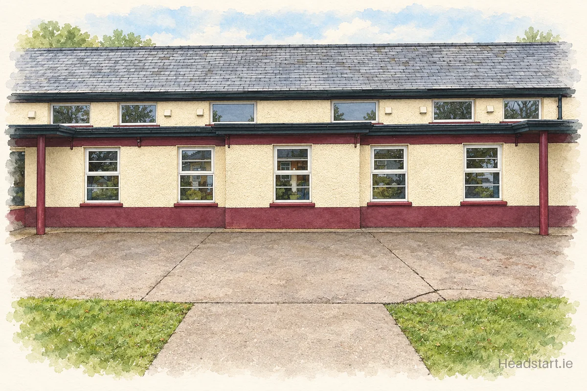 Watercolour illustration of the Our Lady Of Lourdes National School Ballinlough building, Cork (centre and southside)