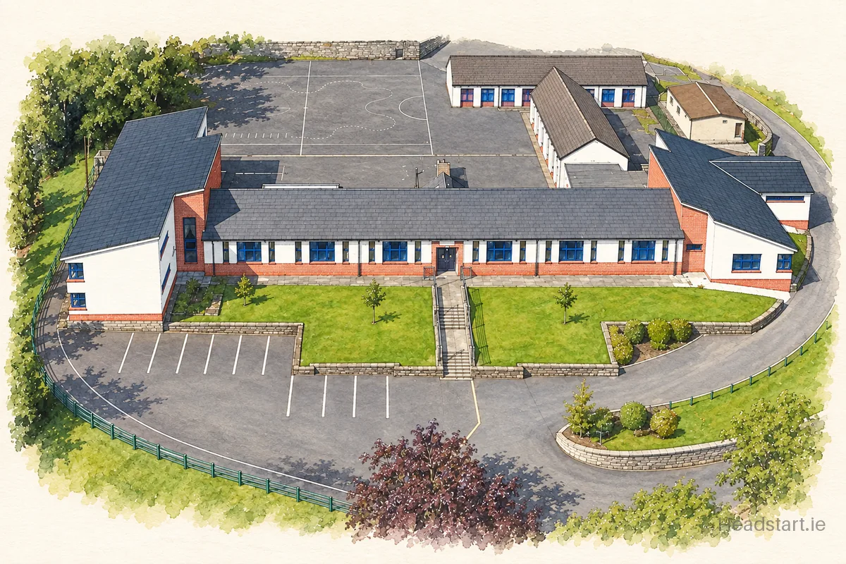 Watercolour illustration of the St. Felim's National School building, Cavan