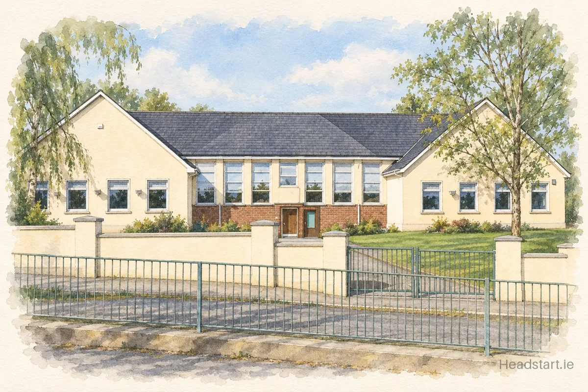 Watercolour illustration of the Scoil Náisiúnta Padraig building, Gorey