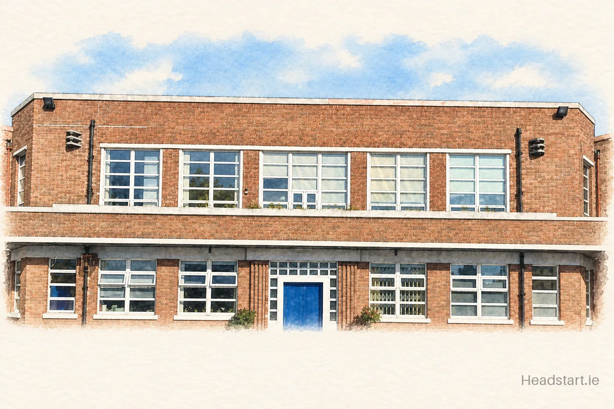 Watercolour illustration of the Our Lady Of Good Counsel National School building, Drimnagh