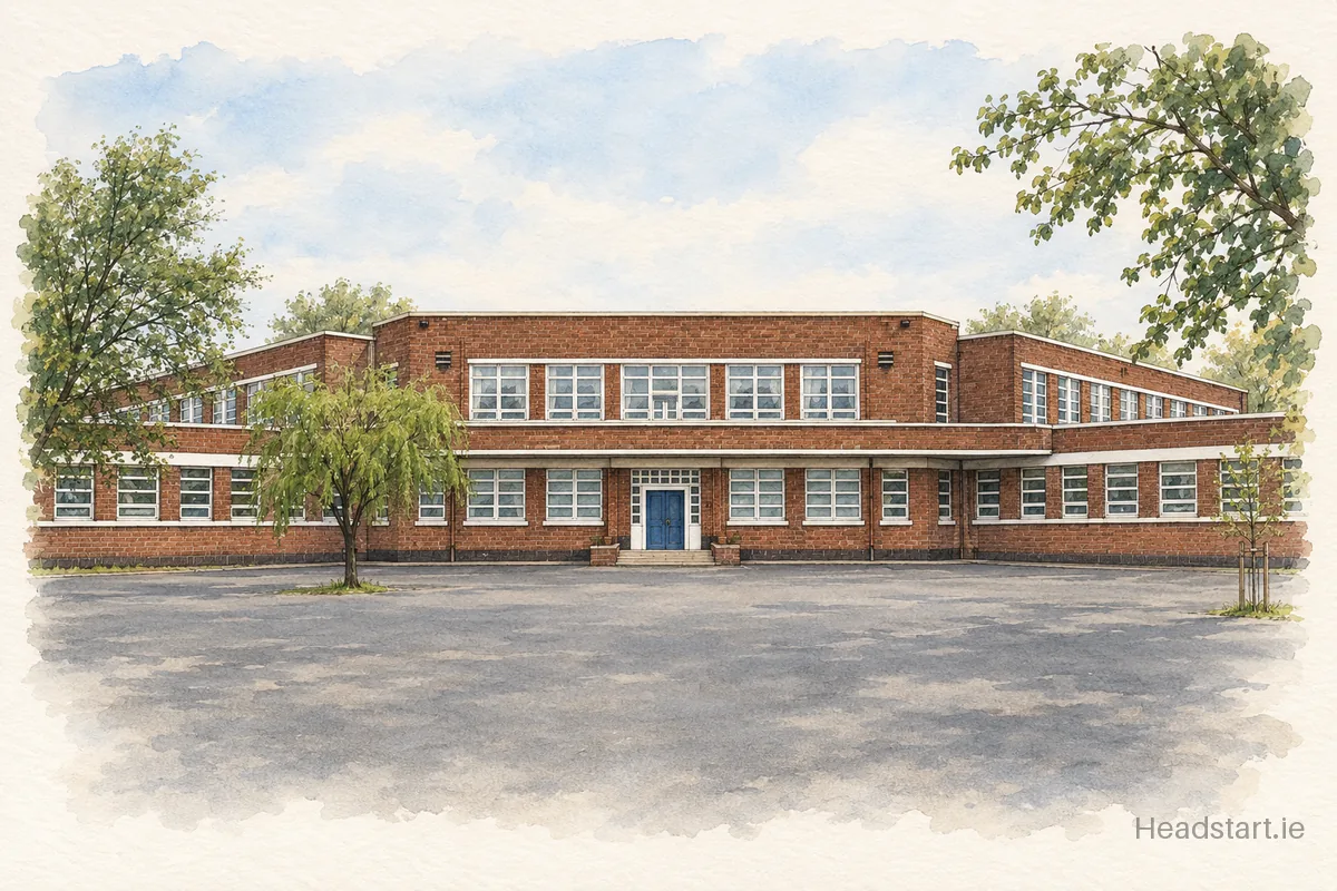 Watercolour illustration of the Mourne Road Infants School building, Drimnagh