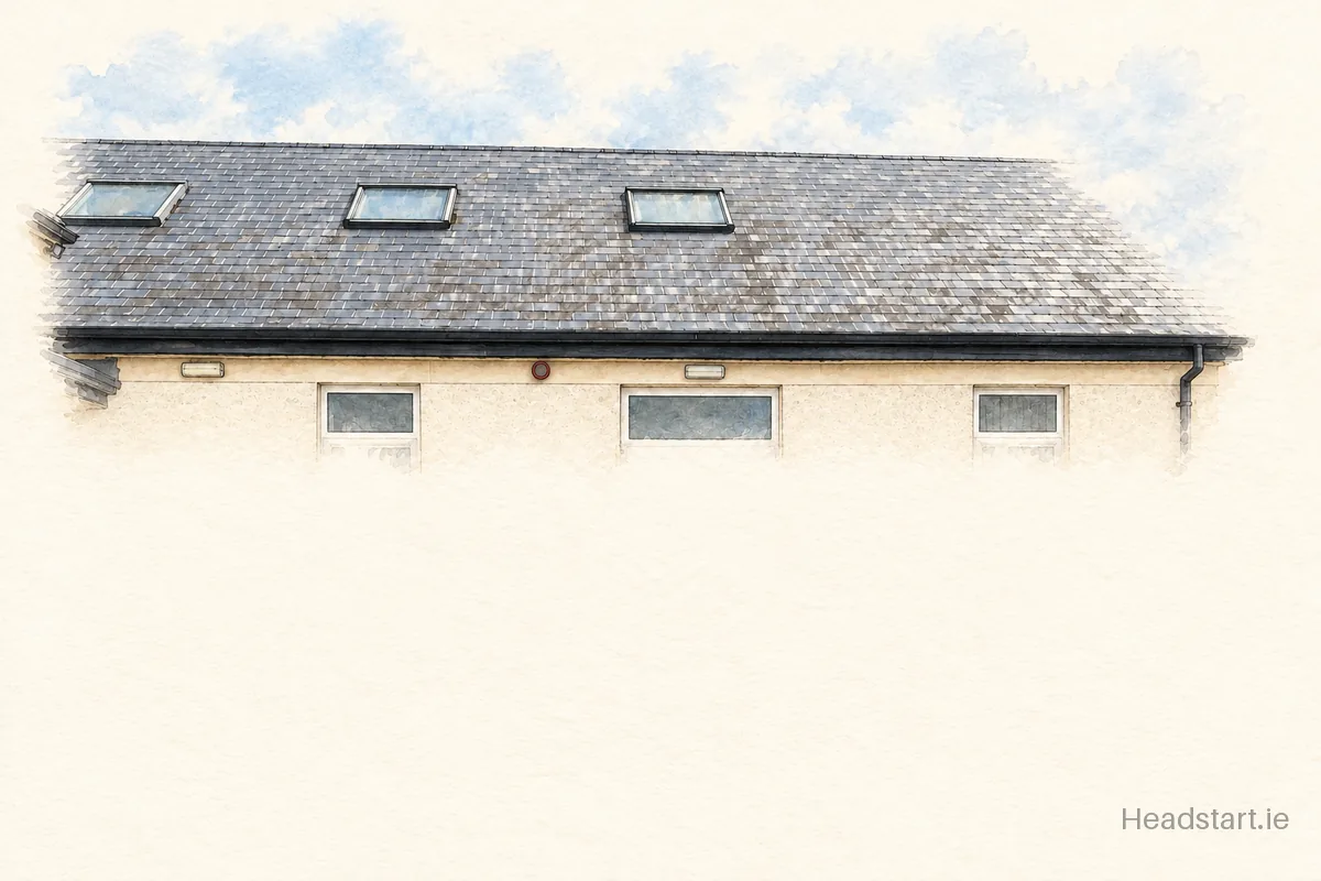 Watercolour illustration of the Scoil Náisiúnta Breandan Naofa building, Mallow