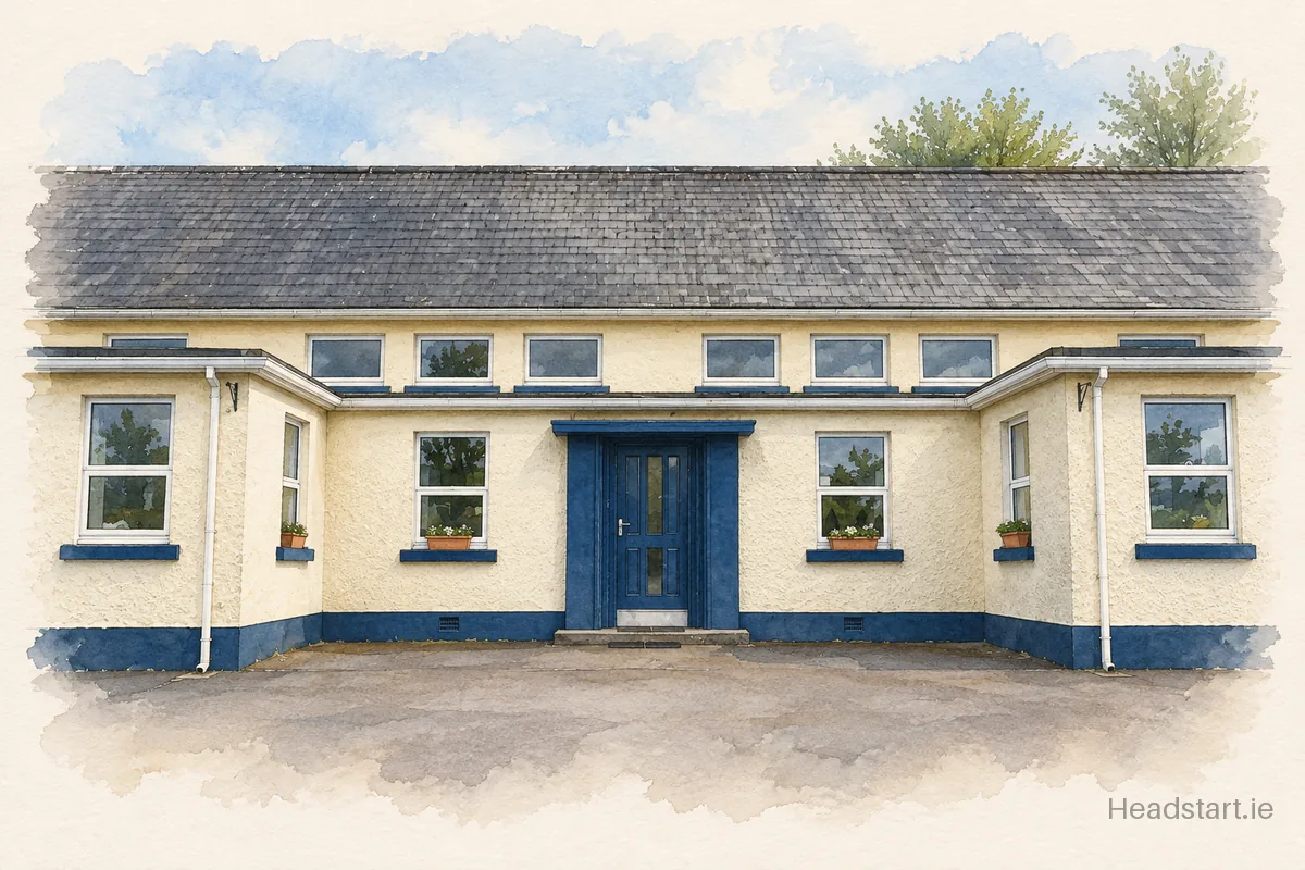 Watercolour illustration of the Scoil Cros Tseain building, Crosshaven