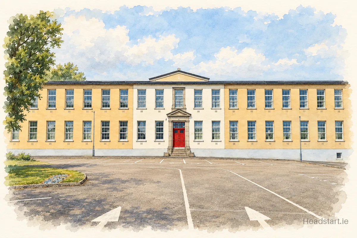 Watercolour illustration of the Scoil Náisiúnta Clochar Mhuire building, Wexford