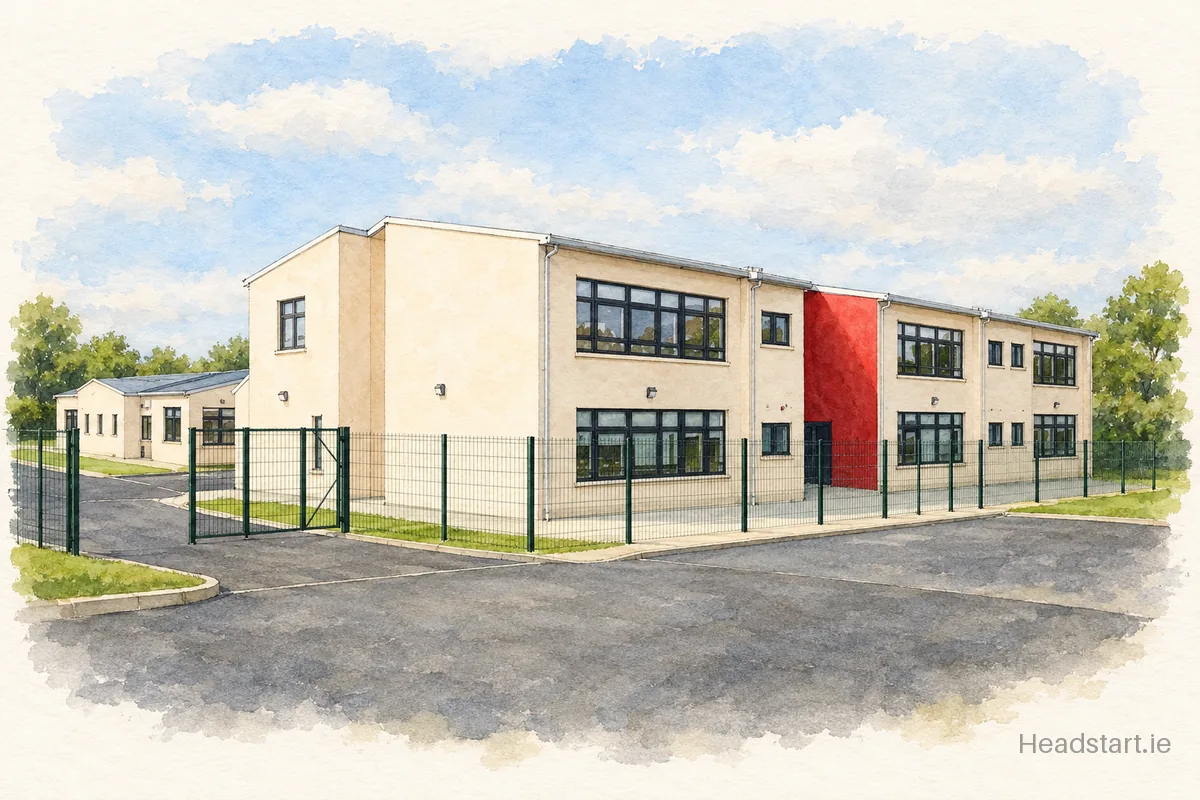 Watercolour illustration of the Scoil Mhaodhoig Poulfur building, New Ross