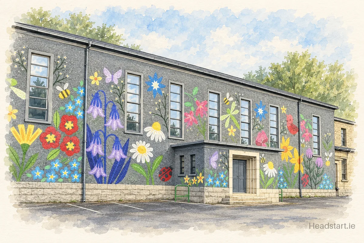 Watercolour illustration of the St Catherines Infant School building, Cabra
