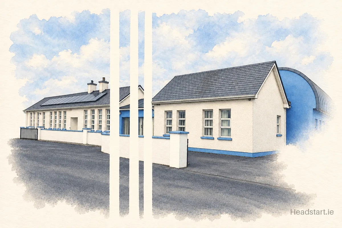 Watercolour illustration of the Carraholly National School building, Westport