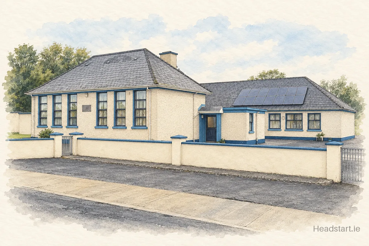 Watercolour illustration of the Scoil Náisiúnta Padraig Naofa building, Ballinasloe
