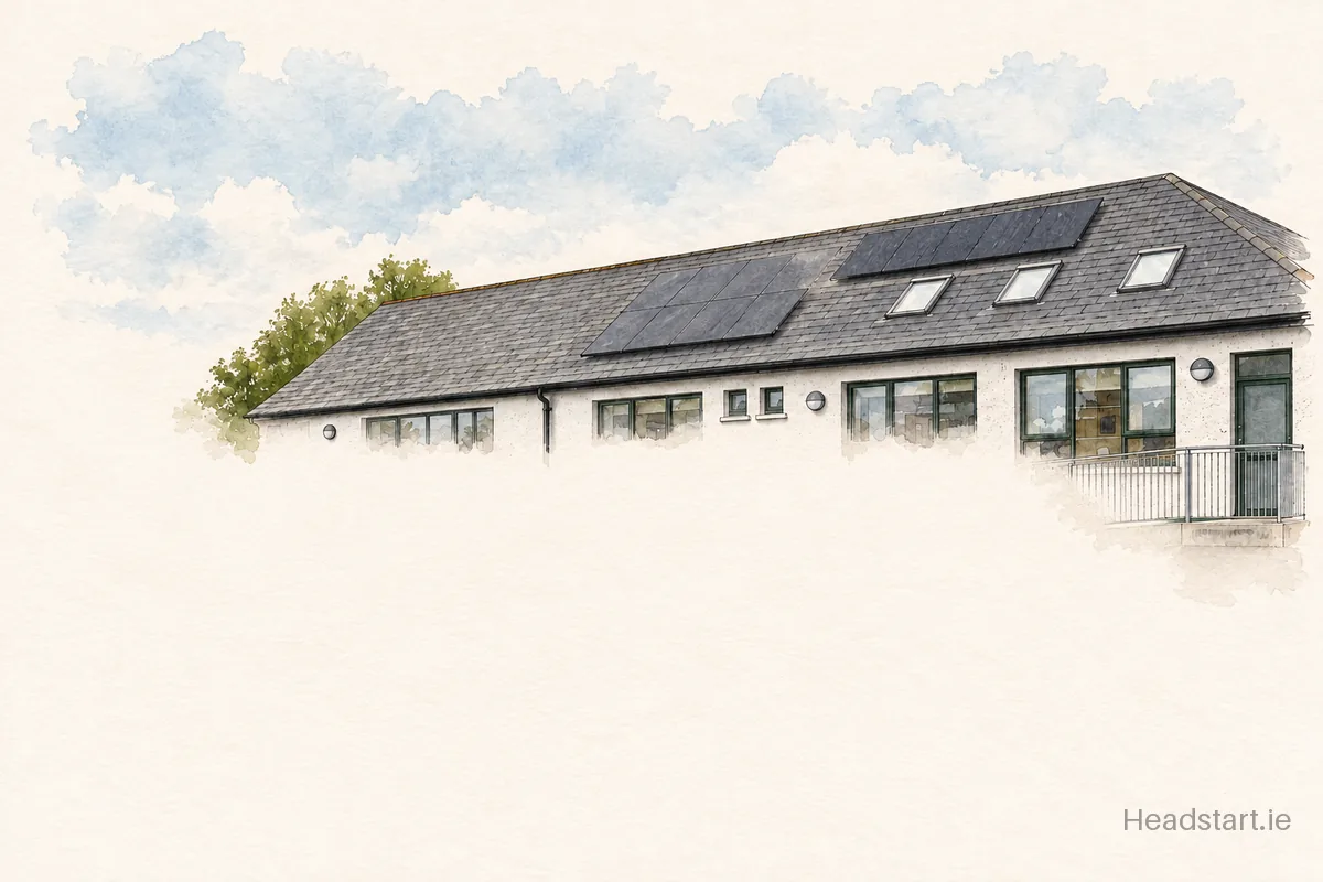 Watercolour illustration of the St Marys National School building, Rathnew