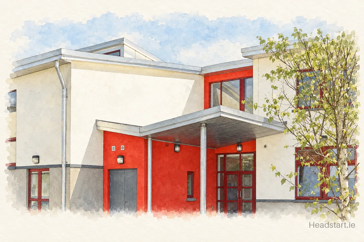 Watercolour illustration of the Bennekerry National School building, Carlow