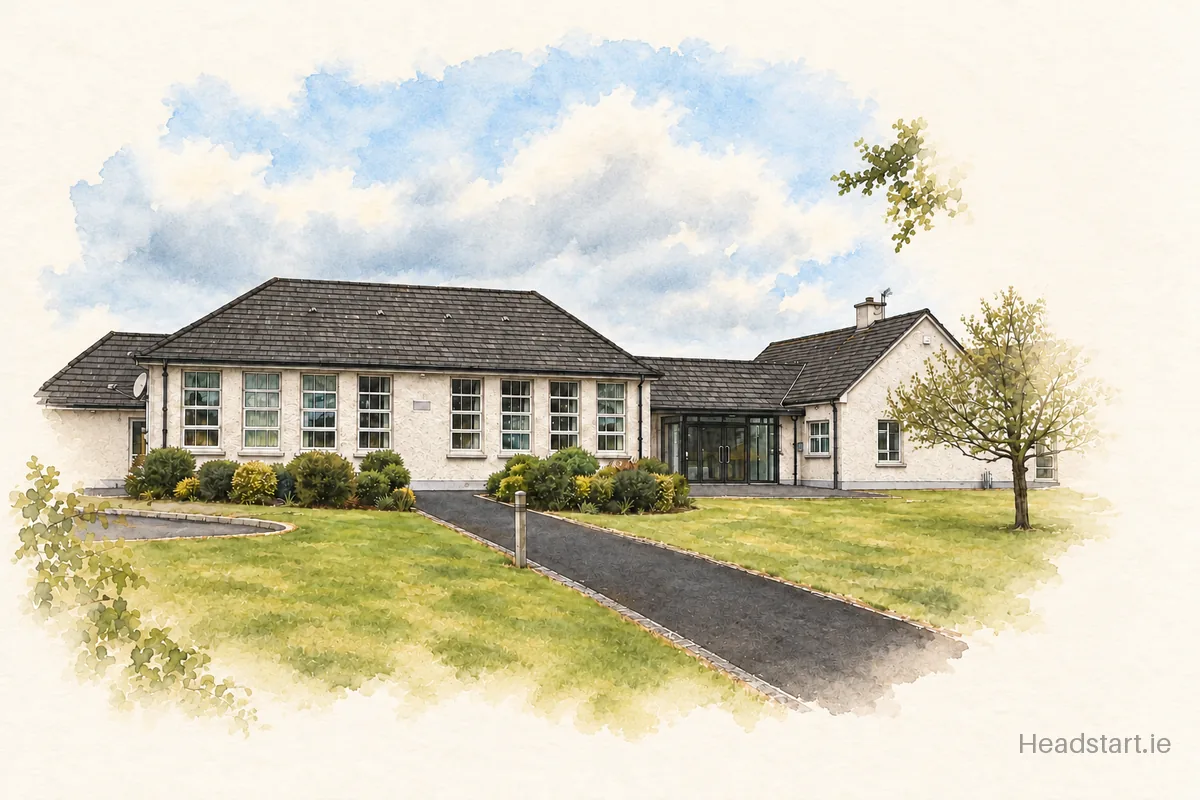 Watercolour illustration of the Kilbride National School building, Trim