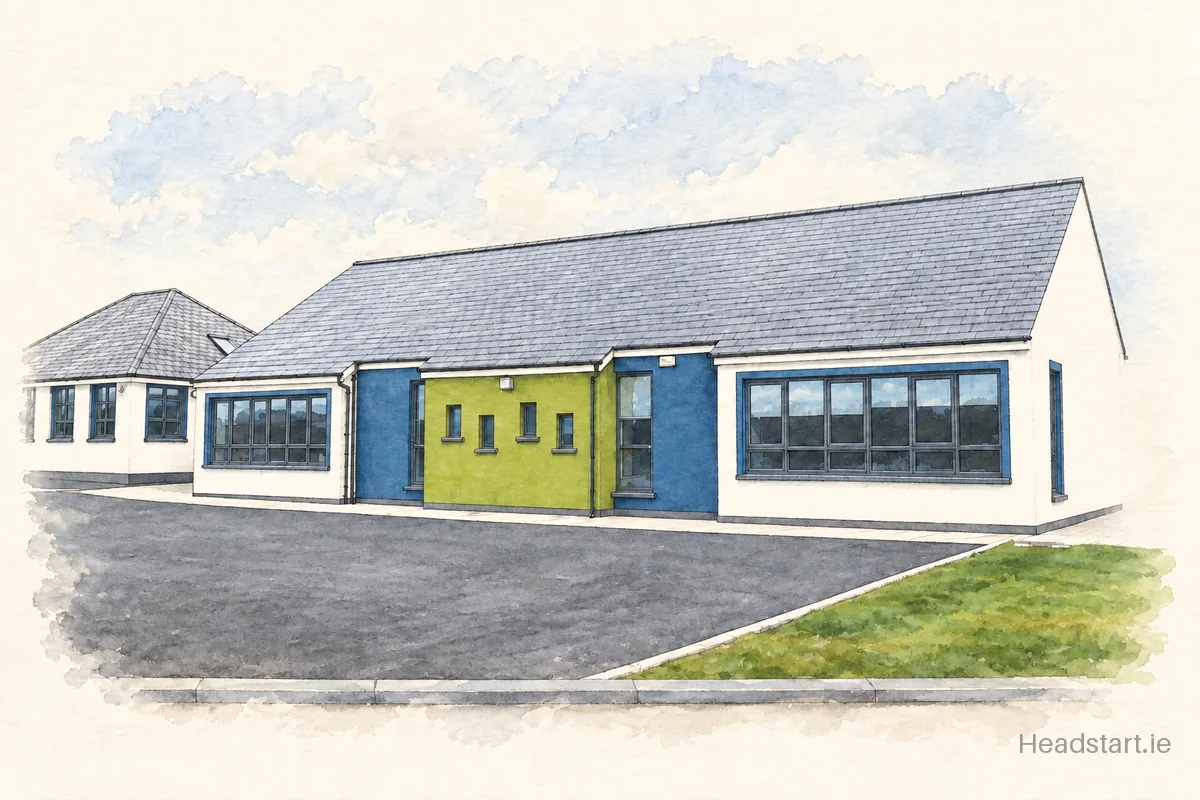 Watercolour illustration of the Scoil Náisiúnta Cronain Naofa building, Roscrea