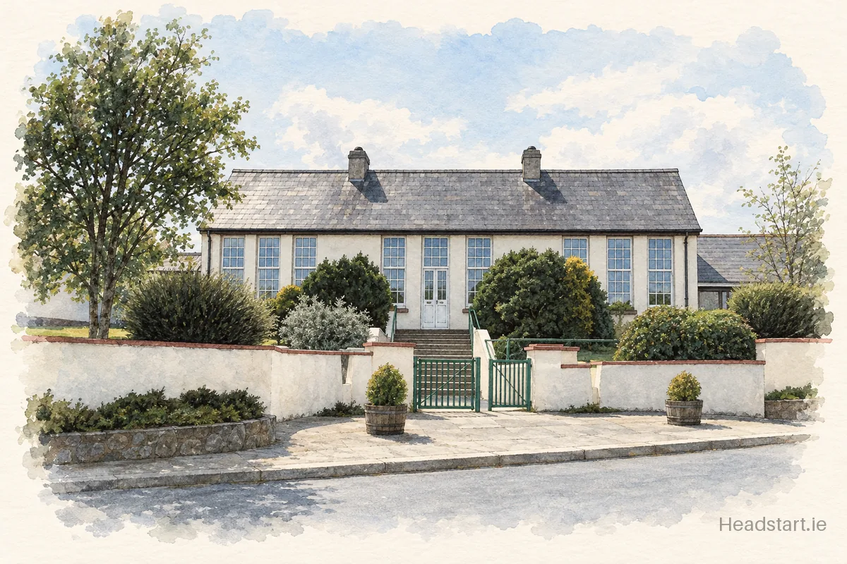 Watercolour illustration of the Dunhill National School building, Waterford