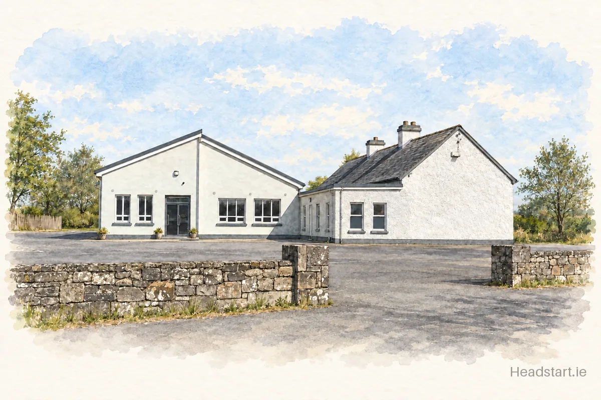 Watercolour illustration of the Scoil Náisiúnta Breandan Naofa building, Loughrea