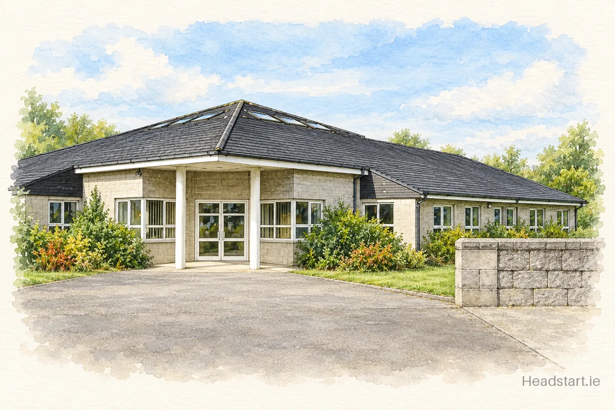 Watercolour illustration of the Kerrykeel National School building, Letterkenny