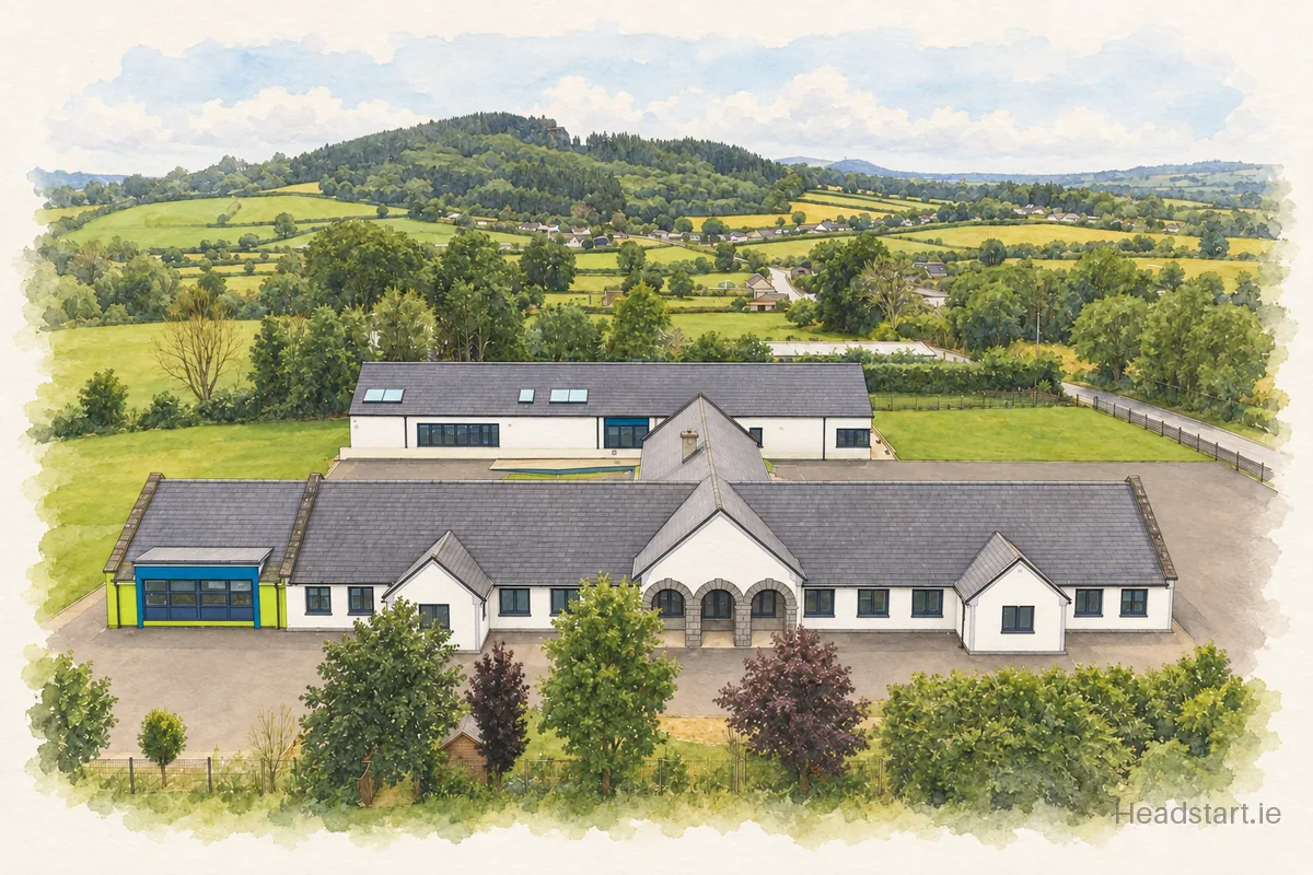 Watercolour illustration of the Allen National School building, Naas