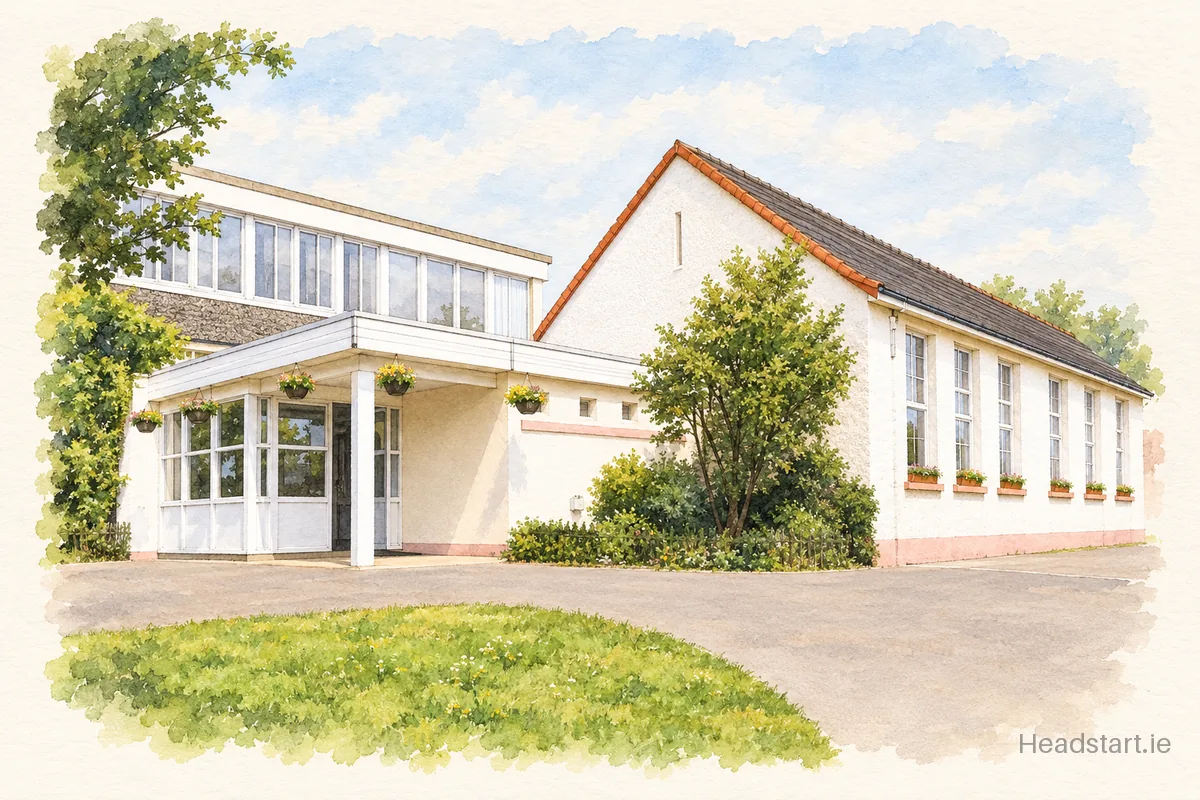 Watercolour illustration of the Balrothery National School (Oilibhear Naofa) building, Balbriggan