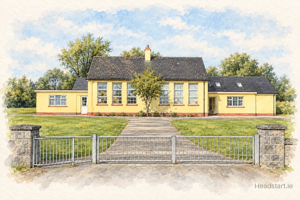 Watercolour illustration of the Dangan National School building, Kilmore