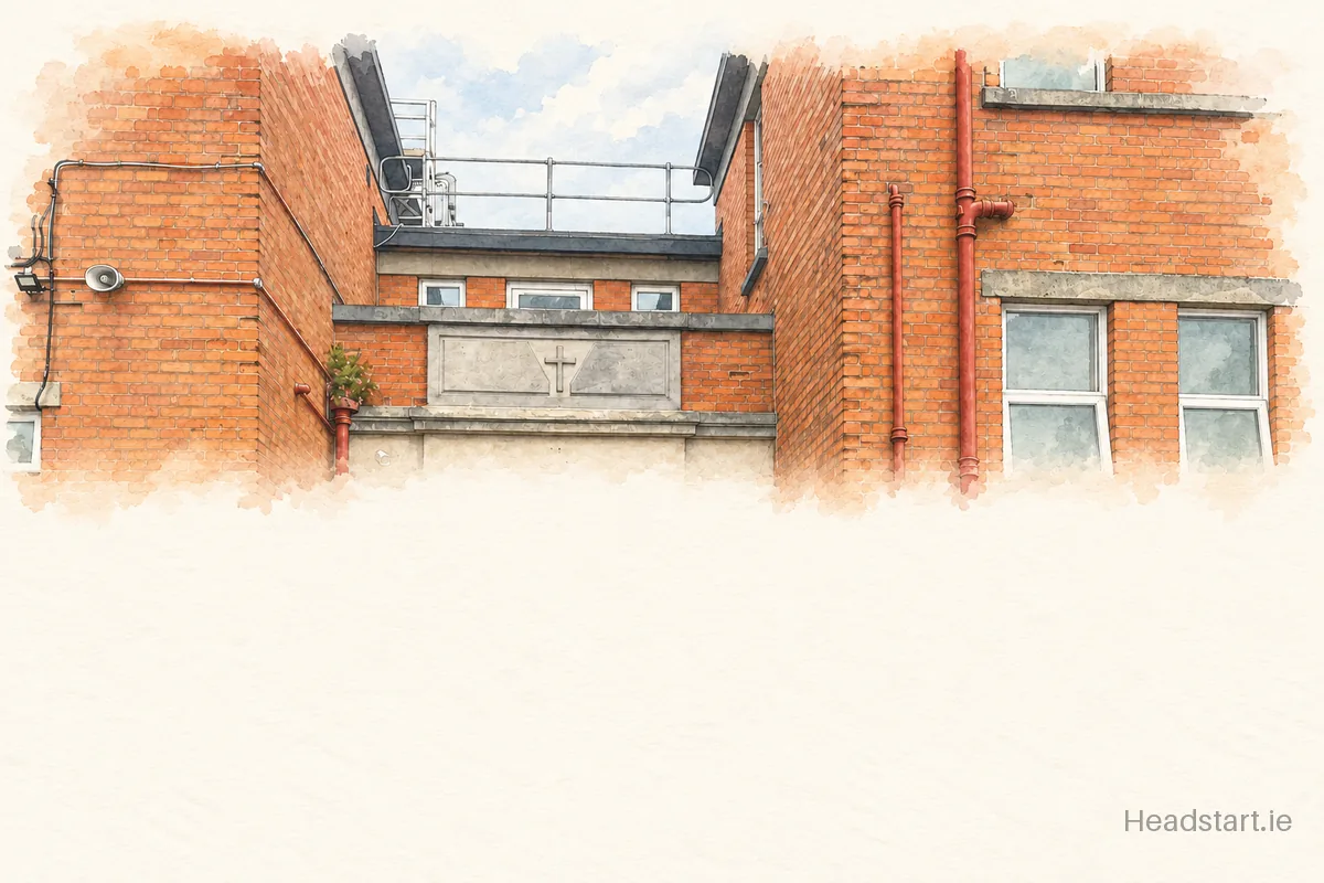 Watercolour illustration of the Holy Rosary School building, Wicklow