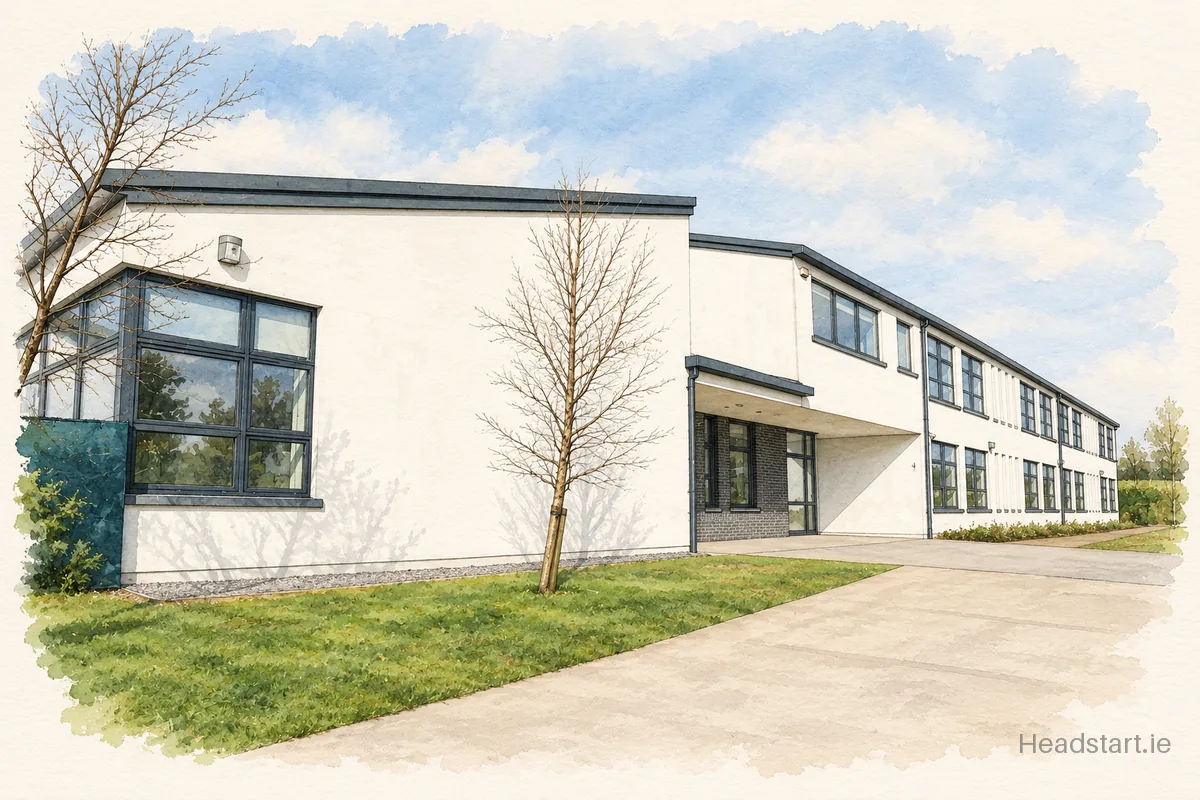Watercolour illustration of the Saleen National School building, Midleton
