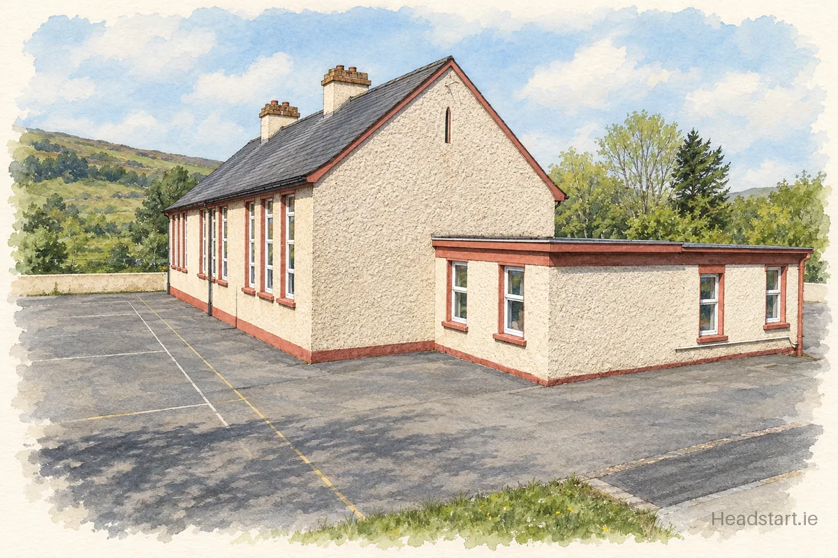 Watercolour illustration of the St Lasair's National School building, Arigna