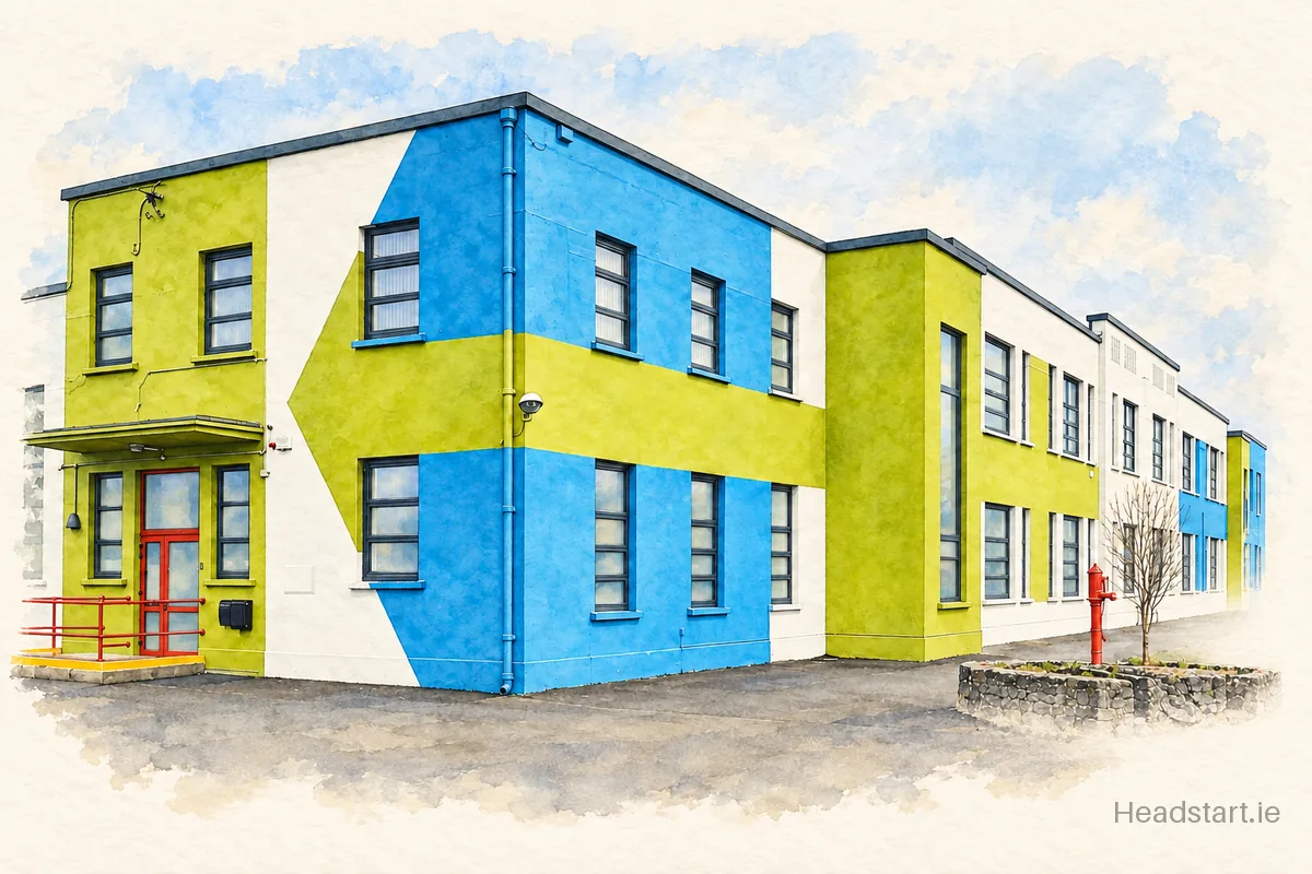 Watercolour illustration of the Scoil Ailbhe building, Thurles
