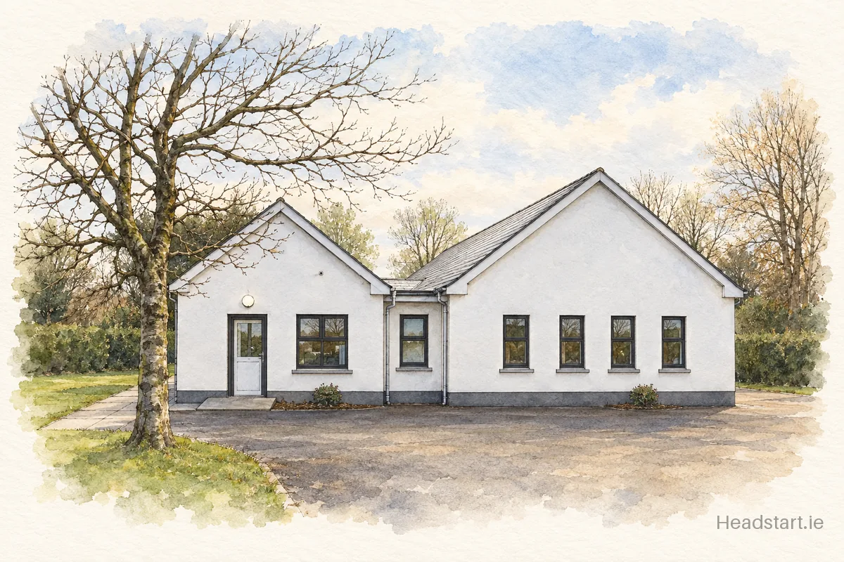 Watercolour illustration of the Kiltiernan National School building, Kilcolgan
