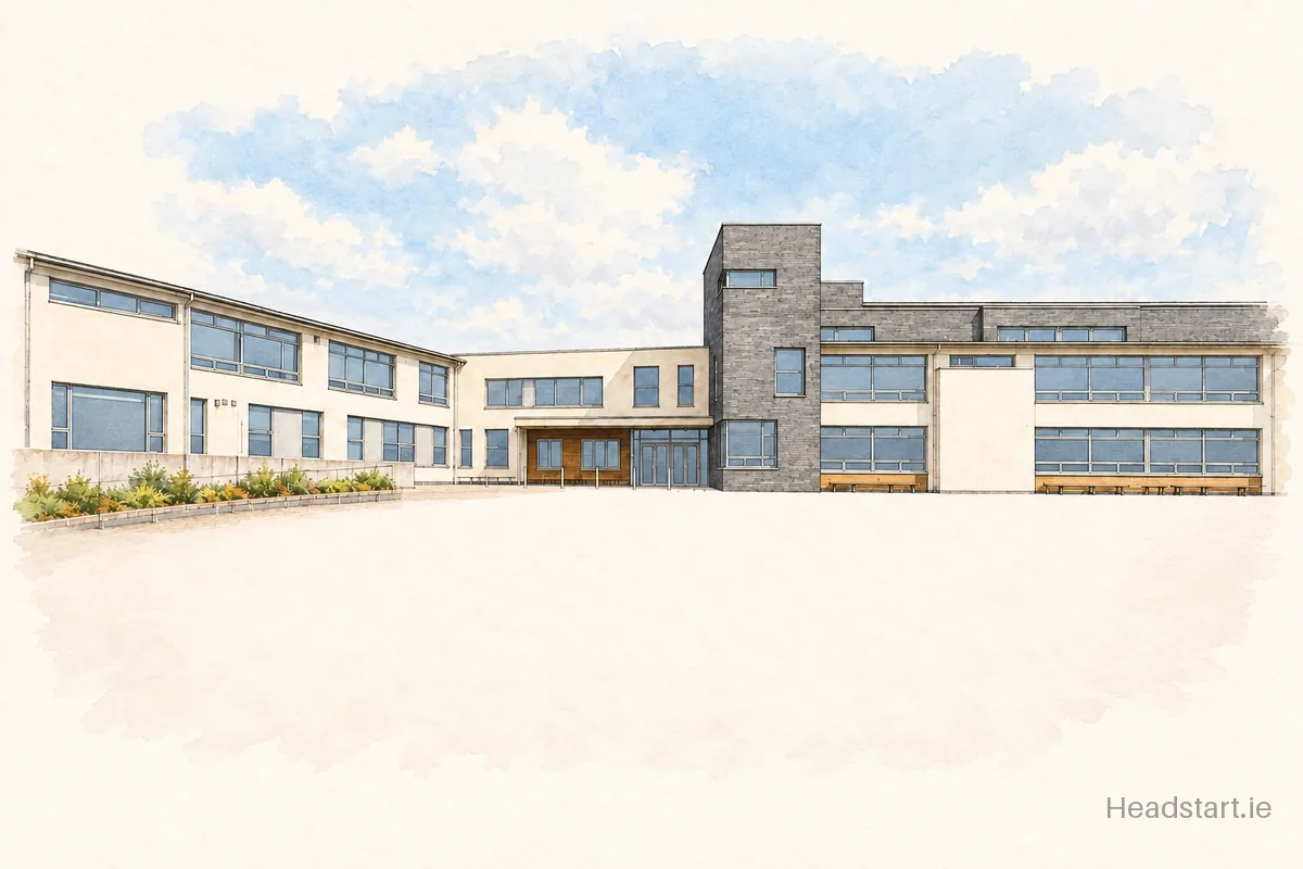 Watercolour illustration of the Scoil Náisiúnta Brighde building, Kill