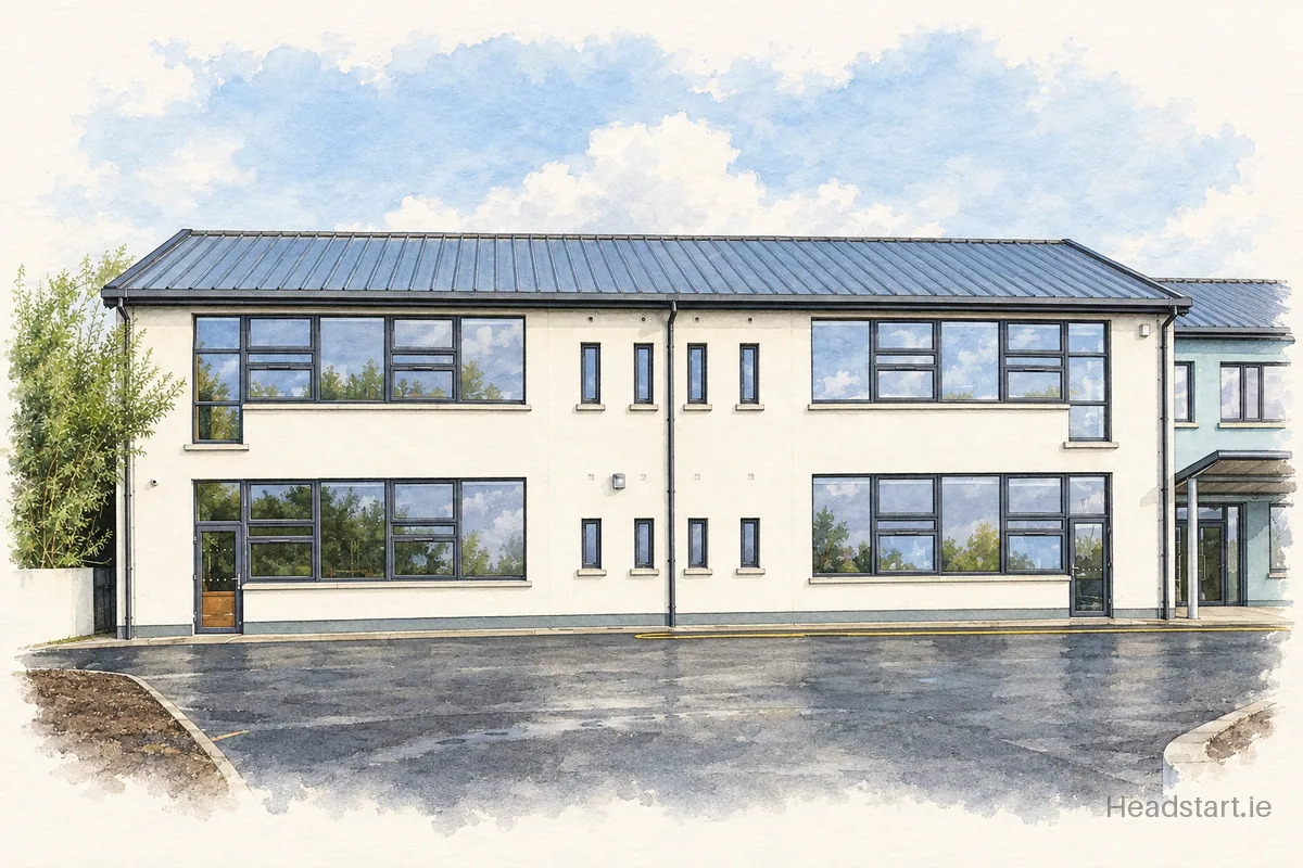 Watercolour illustration of the Scoil Náisiúnta Na Bhforbacha building, Galway