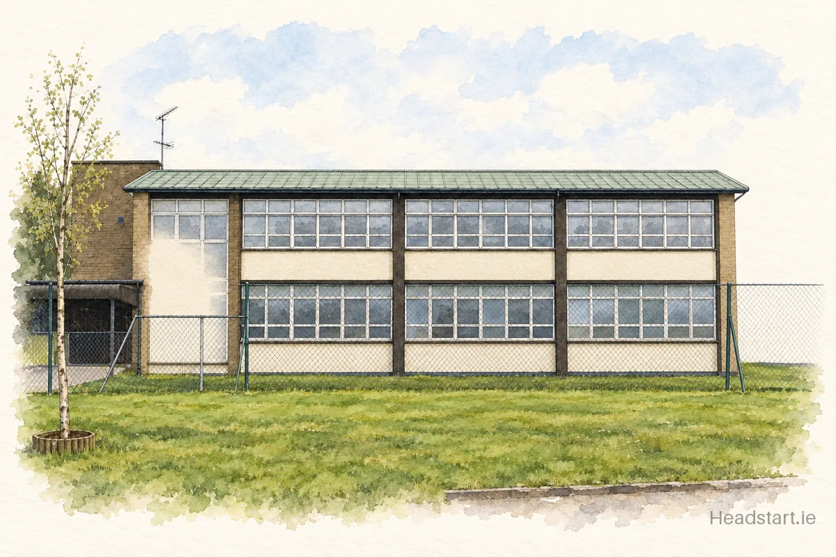Watercolour illustration of the Scoil Mhuire Boys School building, Castleblayney