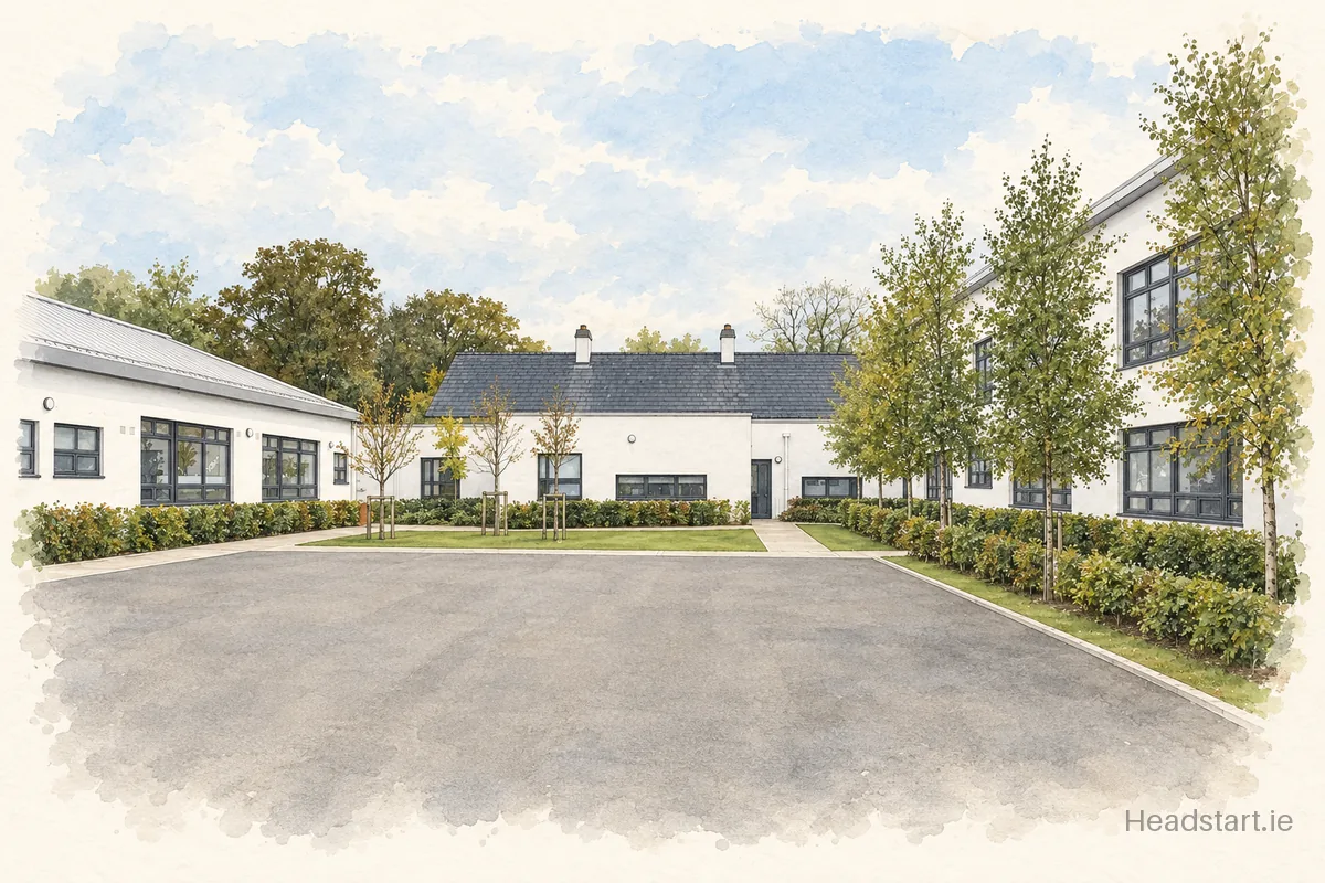 Watercolour illustration of the Whitecross Primary School building, Julianstown