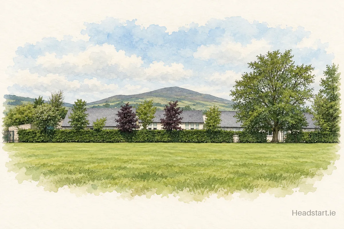 Watercolour illustration of the Rathnuren National School building, Enniscorthy