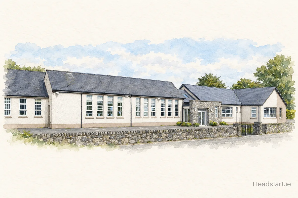 Watercolour illustration of the Baylin National School building, Athlone