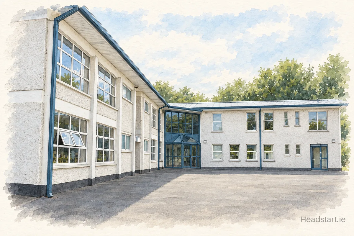 Watercolour illustration of the St Kevins National School building, Greystones