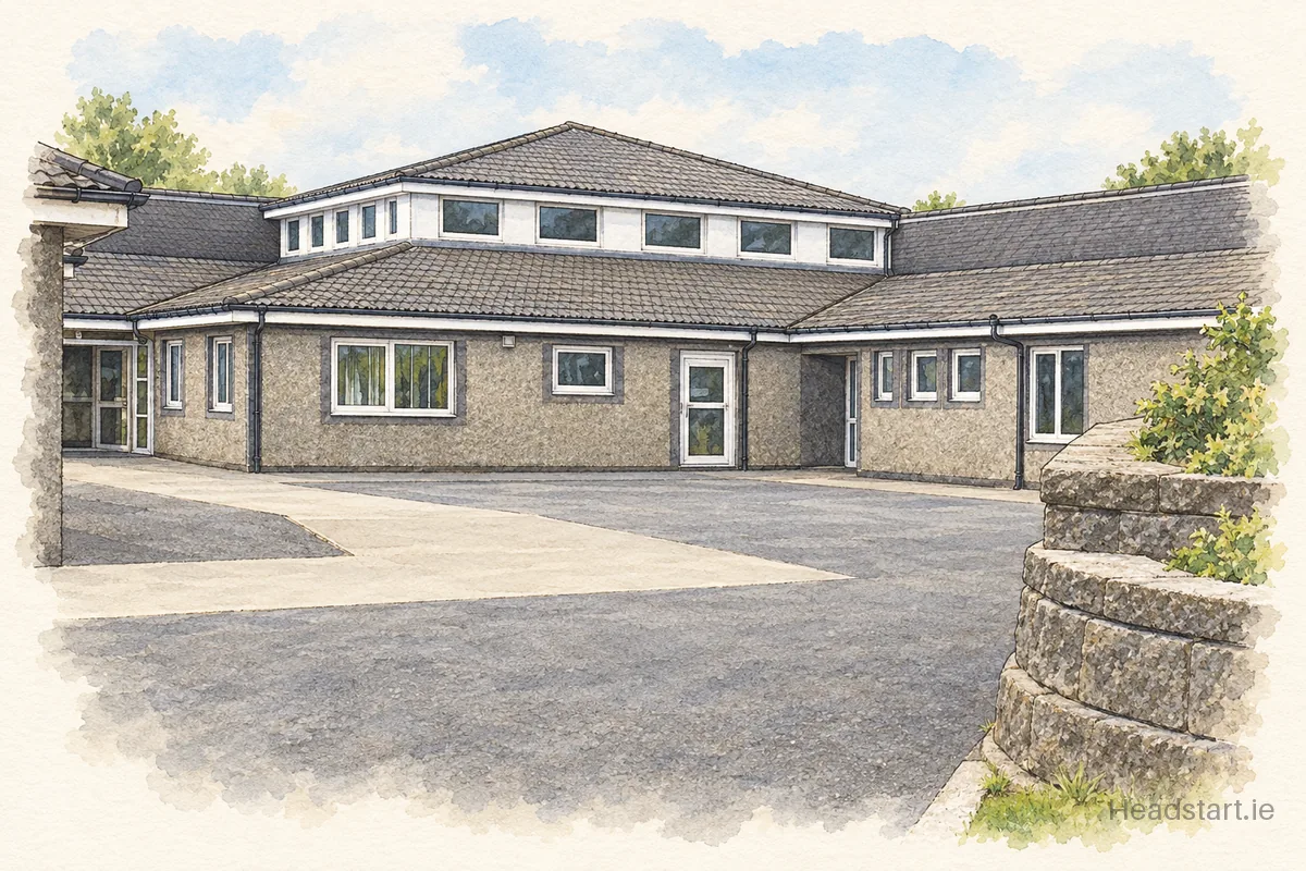 Watercolour illustration of the Woodlands National School building, Letterkenny