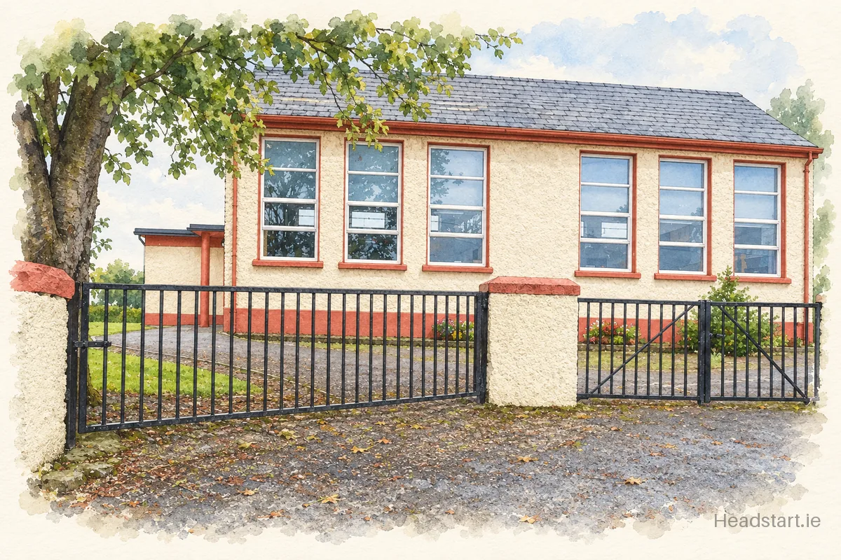 Watercolour illustration of the Naomh Muire National School building, Mullingar