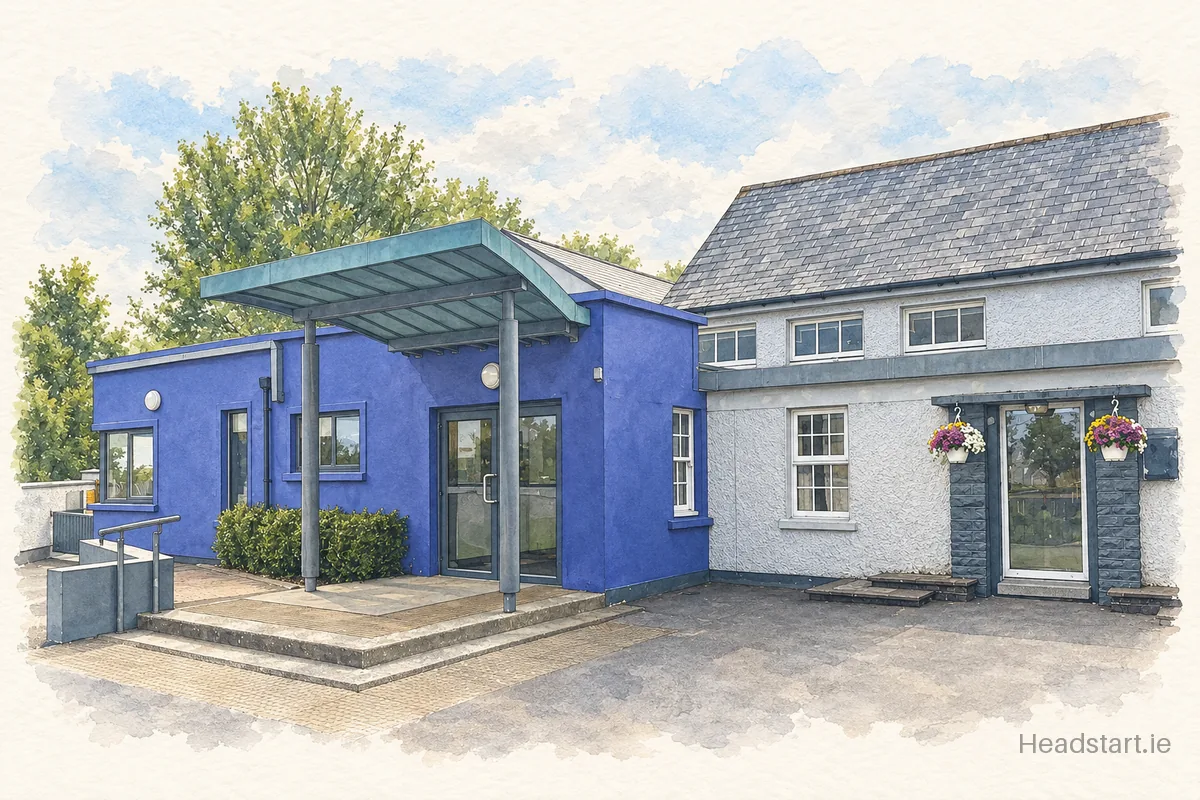 Watercolour illustration of the Castletown National School building, Gorey