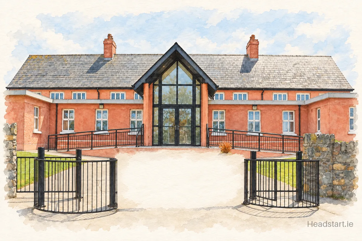Watercolour illustration of the Scoil Náisiúnta Mhuire building, Tagoat