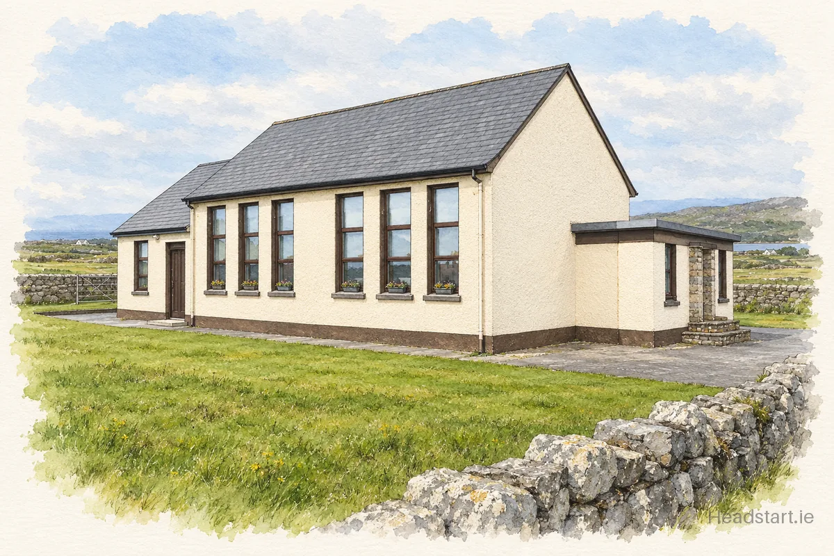 Watercolour illustration of the Scoil Náisiúnta Naomh Colmain building, Galway