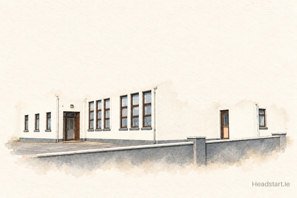 Watercolour illustration of the Scoil Bhrighde Naofa building, Galway